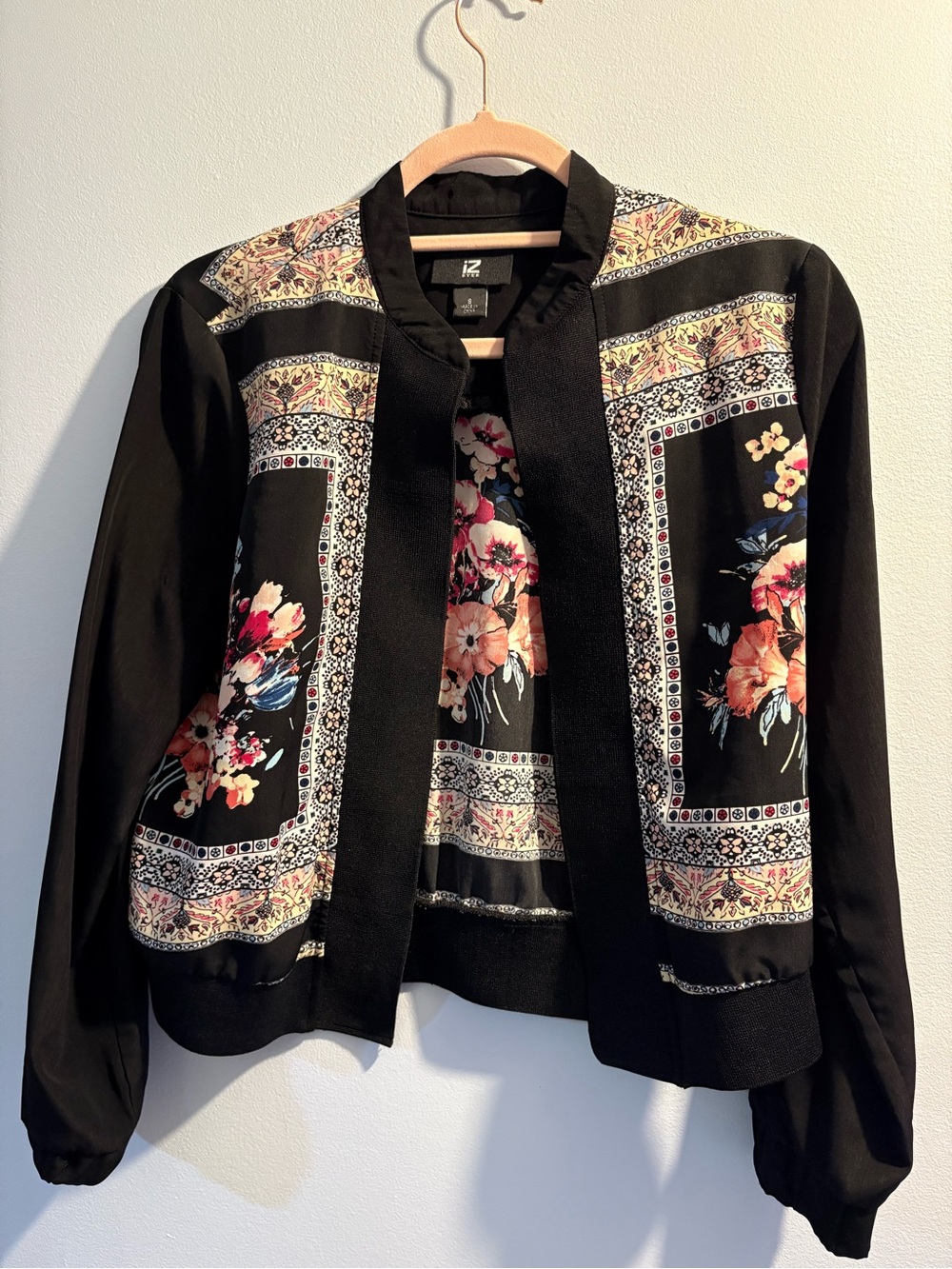 Iz Byer Black Bomber Jacket with Floral Panels